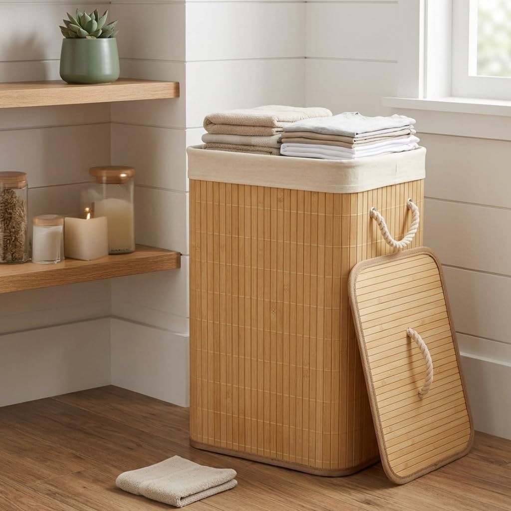 PrettyKrafts 81 Liter Eco-Friendly Foldable Bamboo Laundry Basket for Clothes with Lid | Laundry Bag for Clothes | Clothes Basket for Clothes Storage | Toy Storage Basket | 40x30x60cm | Light Brown-image-36
