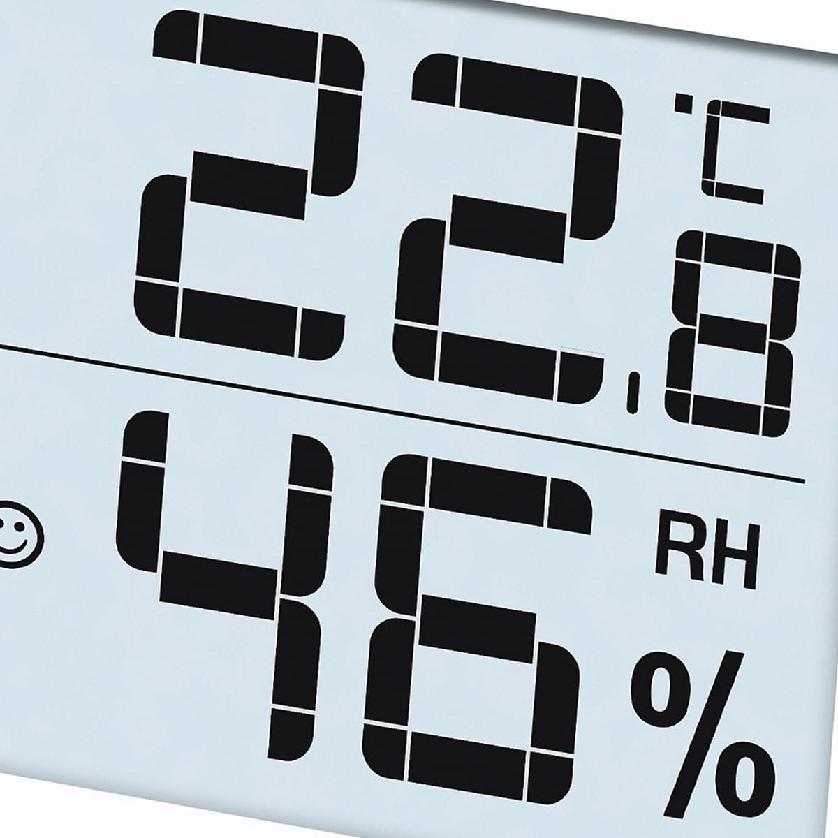 Close-up of the Beurer HM16 display showing 22.8 degrees Celsius and 46% relative humidity.