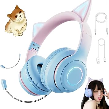 Headphones, Cute Cat Ear Headphones, Bluetooth 5.1, Wireless Headphones, Bluetooth, Detachable Noise-Canceling Mic, HiFi Stereo, Wired Wireless, Dual-Use, Gaming Headphones, LED Light, Sparkling, Rainbow Color Conversion, 1.6 inches 40 mm, Closed Type Stereo, Soft, Adjustable Size, Foldable, Christmas, Birthday, Childrens Day Gift Blue
