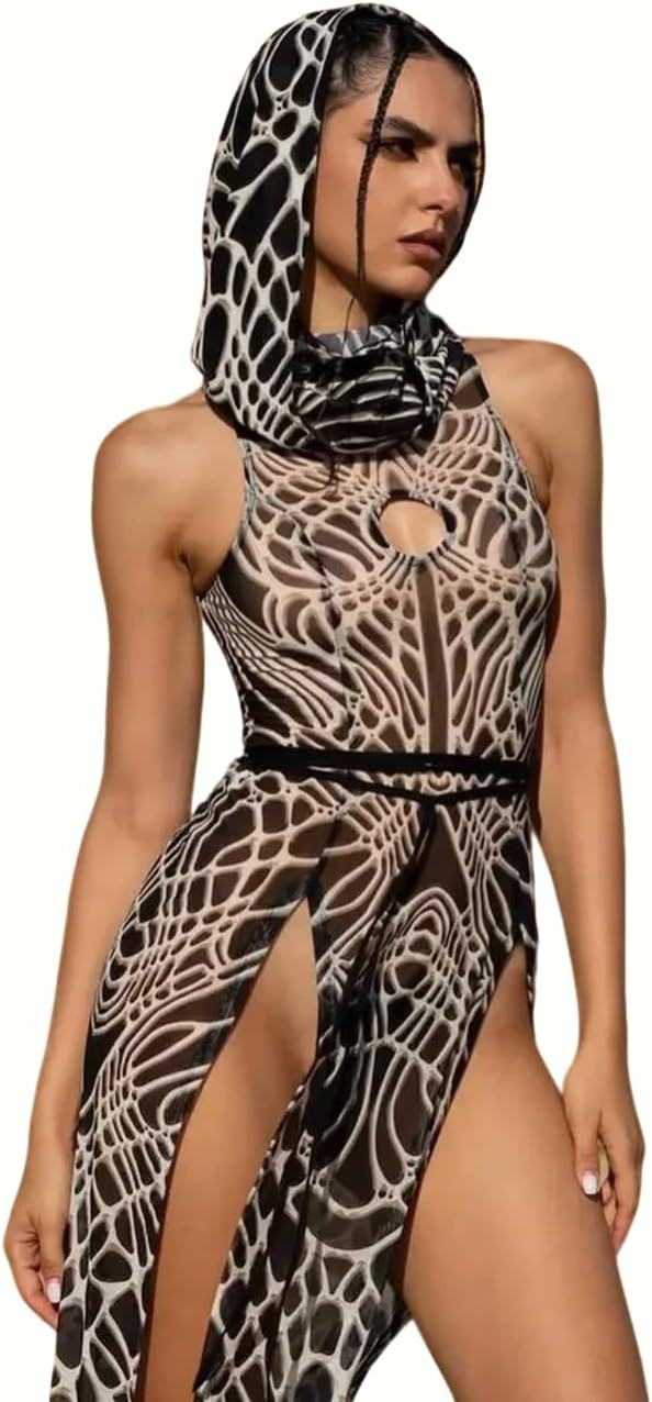 Women's Desert Warrior Mesh Costume Set – Cyber Print Bodysuit with Split Skirt and Face Hood for Festival & Rave