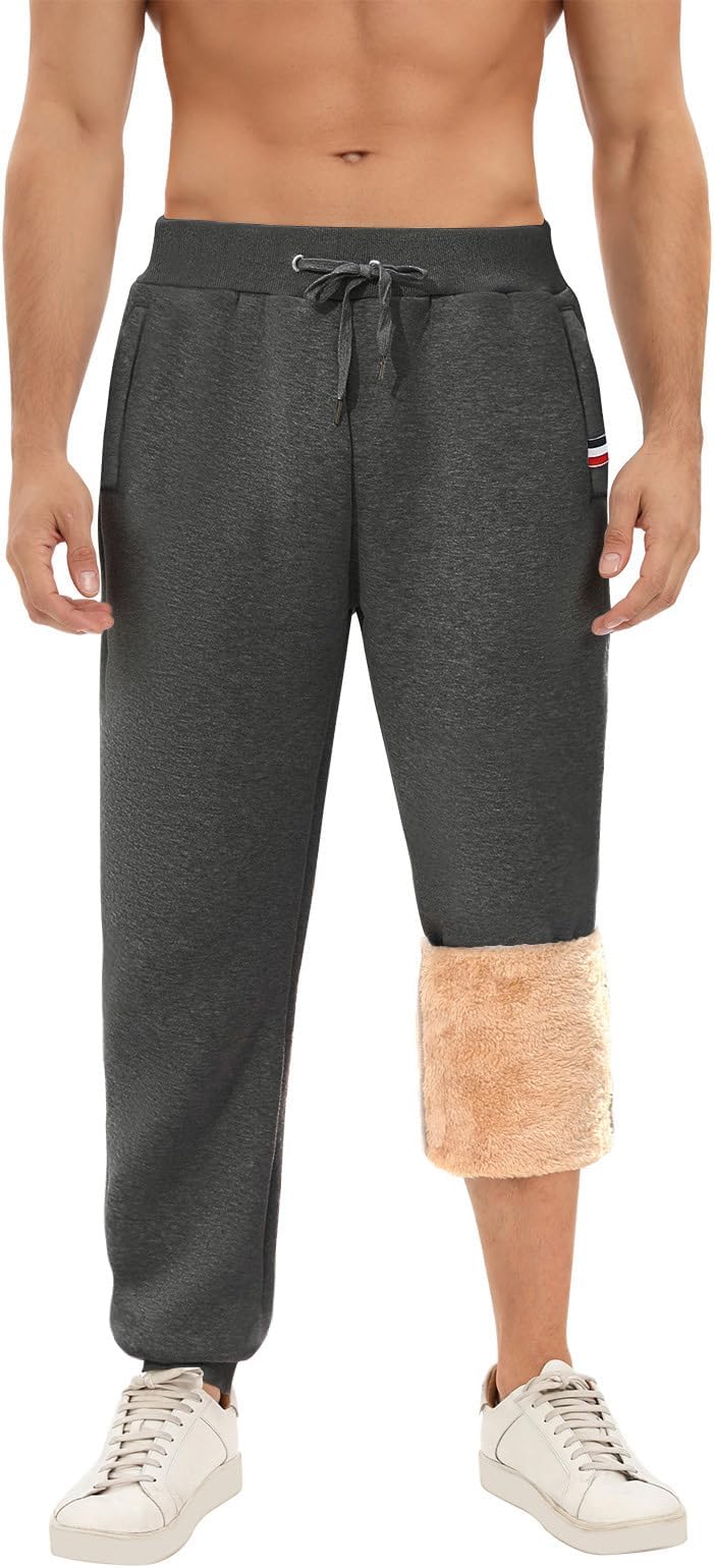 Voqeen Men's Sherpa Lined Jogger Sweatpants Fleece Jogging Bottoms Casual Thermals Trousers Winter Warm Track Pants Tracksuit Zip Pockets