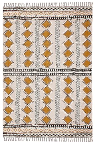 Tapis kilim fait main d'exception en coton beige doré 1,8m