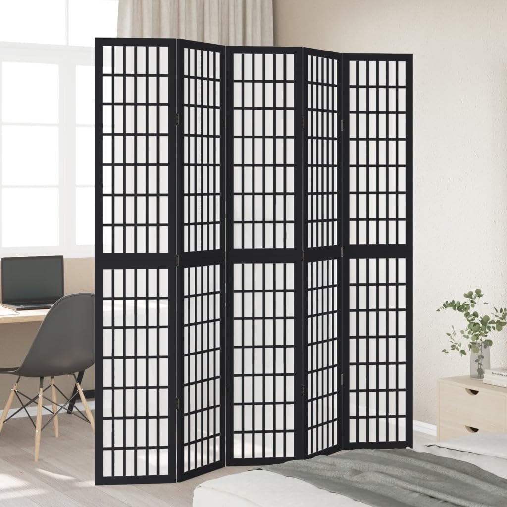 Parawan parawan czarny z litego drewna paulowni i materiału drewnopochodnego, 175 x 220 cm, składany, wolnostojący, nieprzezroczysty, uniwersalny, do salonu, sypialni, biura, biura domowego