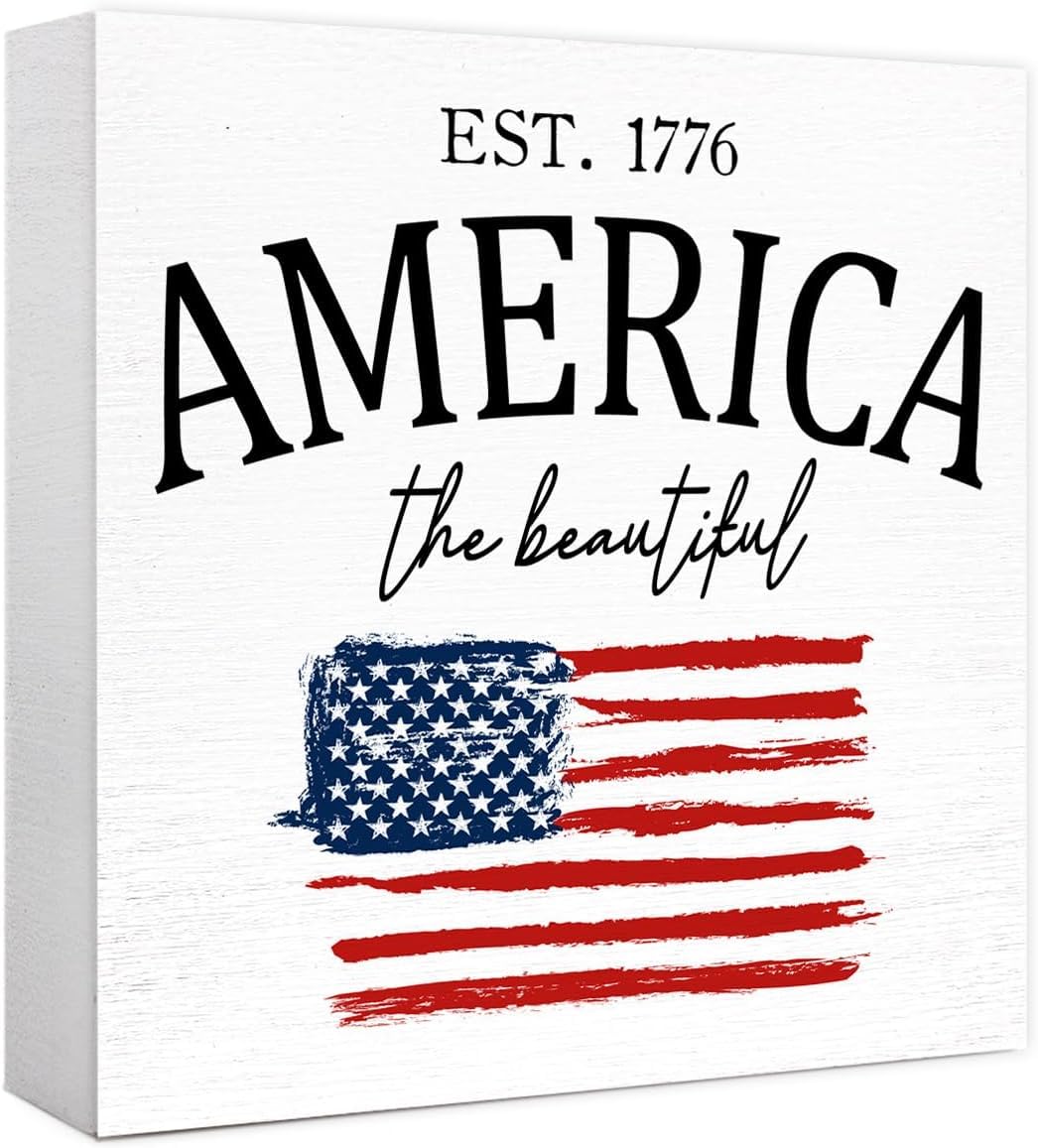America the Beautiful Box Sign 7x7 Inch Patriotic Wood Decor