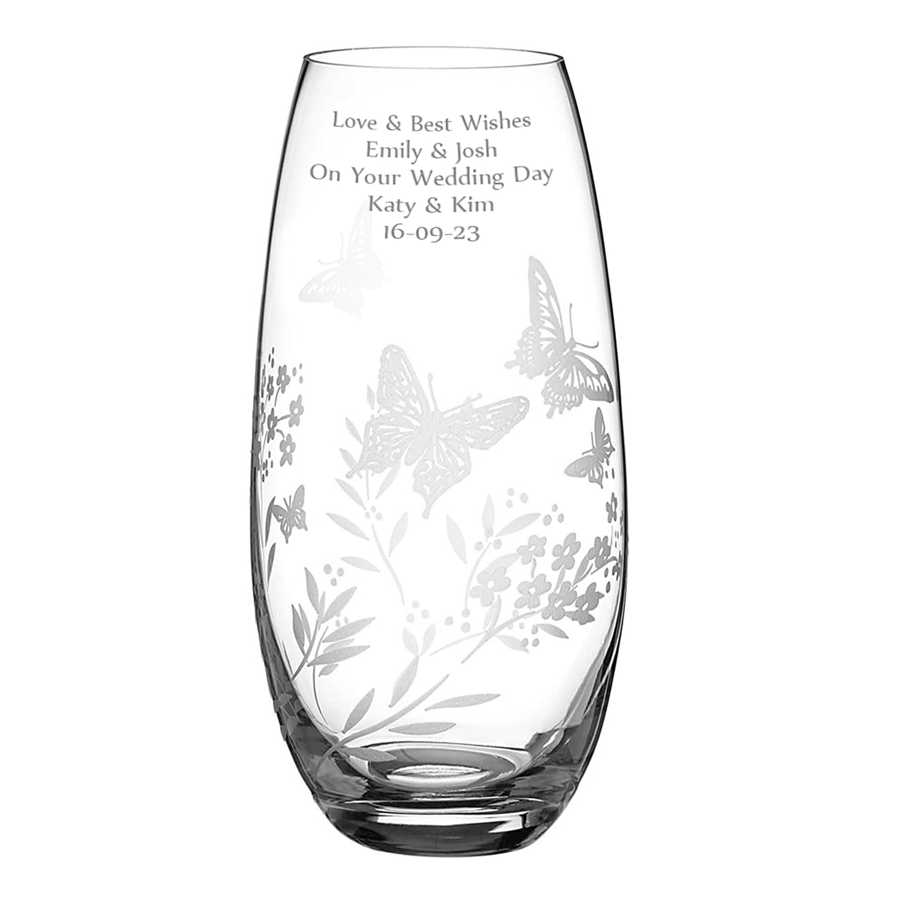 Diamante Engraved Glass Vase, Barrel Shape, 25cm Tall, Etched with Butterflies & Wild Flowers, Personalised With Your Own Heartfelt Message, Gift Boxed