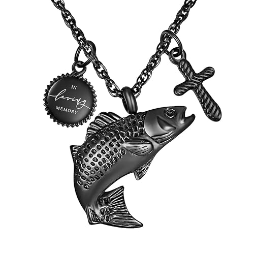 XIUDA Fish Urn Cremation Necklace for Ashes Urn Necklaces for Human Ashes in Loving Memory of Dad Fishing Locket Ashes Holder Keepsake Cremation Memorial Pendant Jewelry