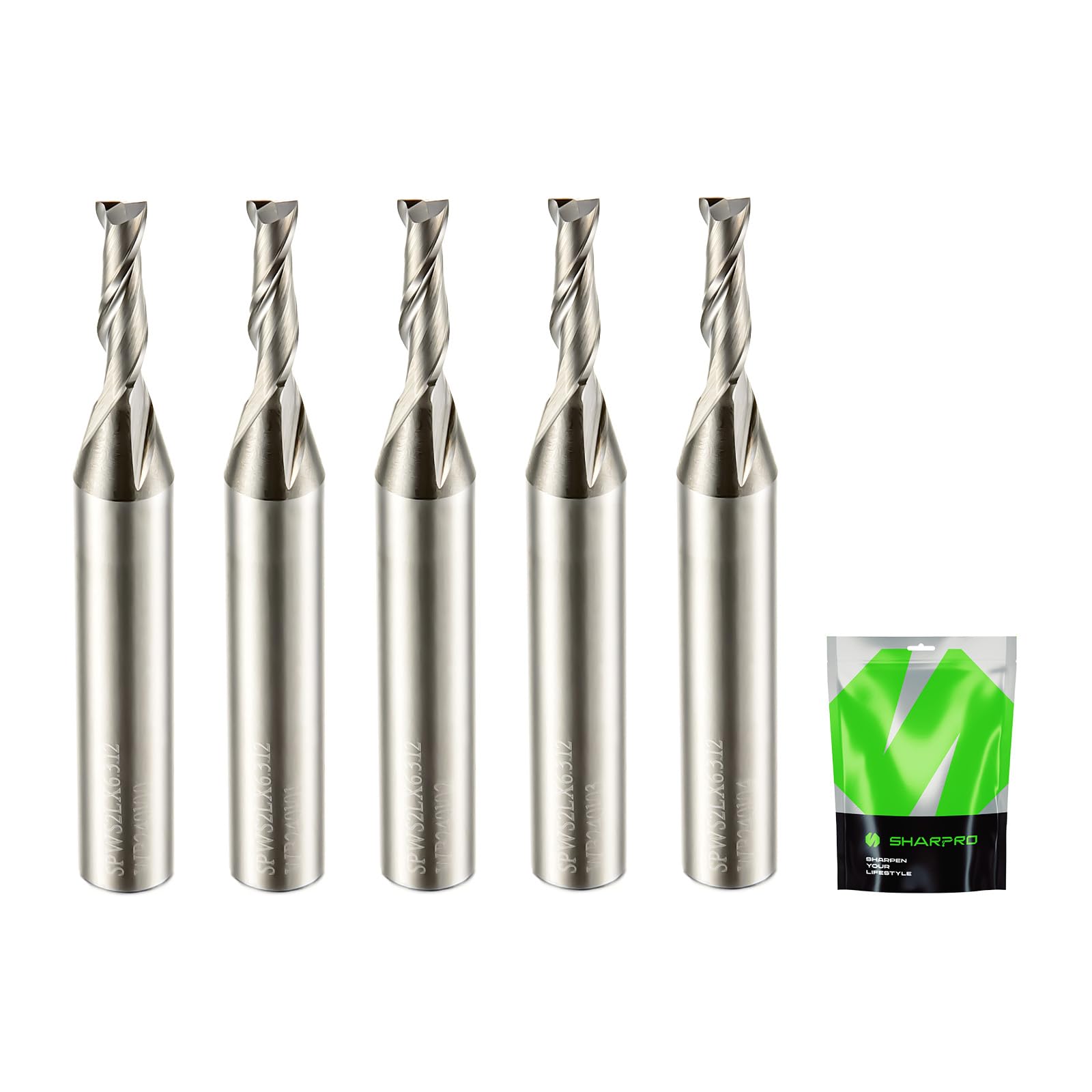 SHARPRO Spiral Upcut Router Bit 1/4 Inch Shank 1/8 Inch Cutting Dia. 12mm CL. 50mm OVL. CNC Up Cut Router Bits Solid Carbide, Ideal for Wood Cutting, Slot Mortise, Engraving (5PCS)