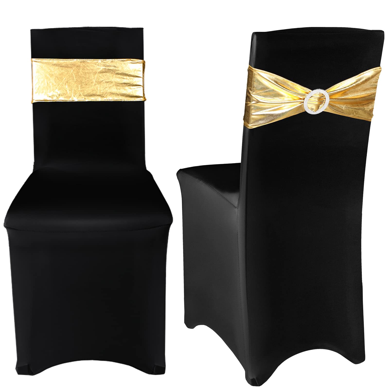 Frienda Stretch Spandex Chair Cover Dining Chair Slipcovers and Stretch Chair Sash with Round Buckle for Wedding Dining Banquet Event Party Favor (Black and Gold, 60 Pieces)