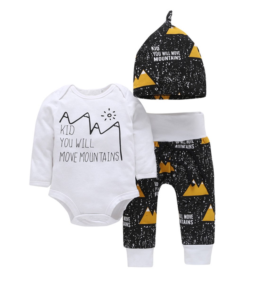 Newborn Baby Boys Girls Move Mountains Funny Bodysuits Pants Hat 3pcs Set Outfits