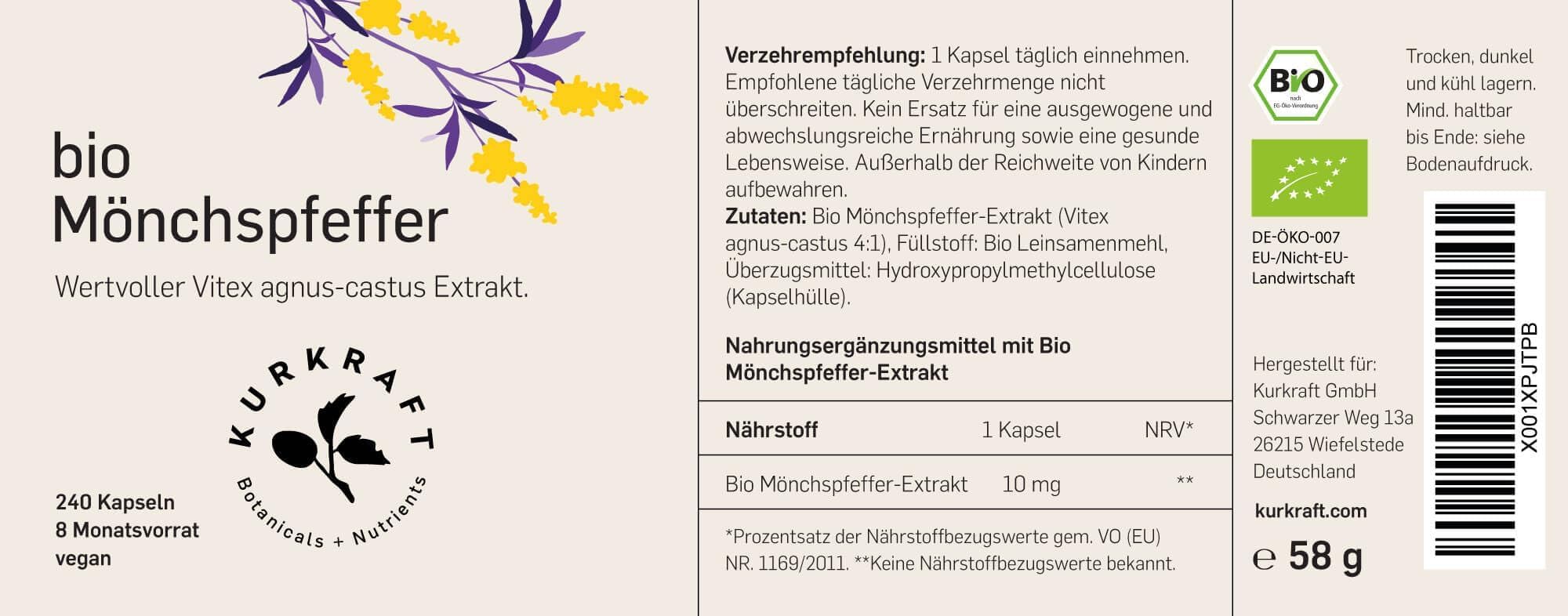 KURKRAFT BIO Mönchspfeffer Kapseln hochdosiert (4:1 Extrakt) - besonders kleine Kapseln - Echter Bio Vitex Agnus Castus - aus ökologischer Landwirtschaft - sorgfältig in Deutschland produziert