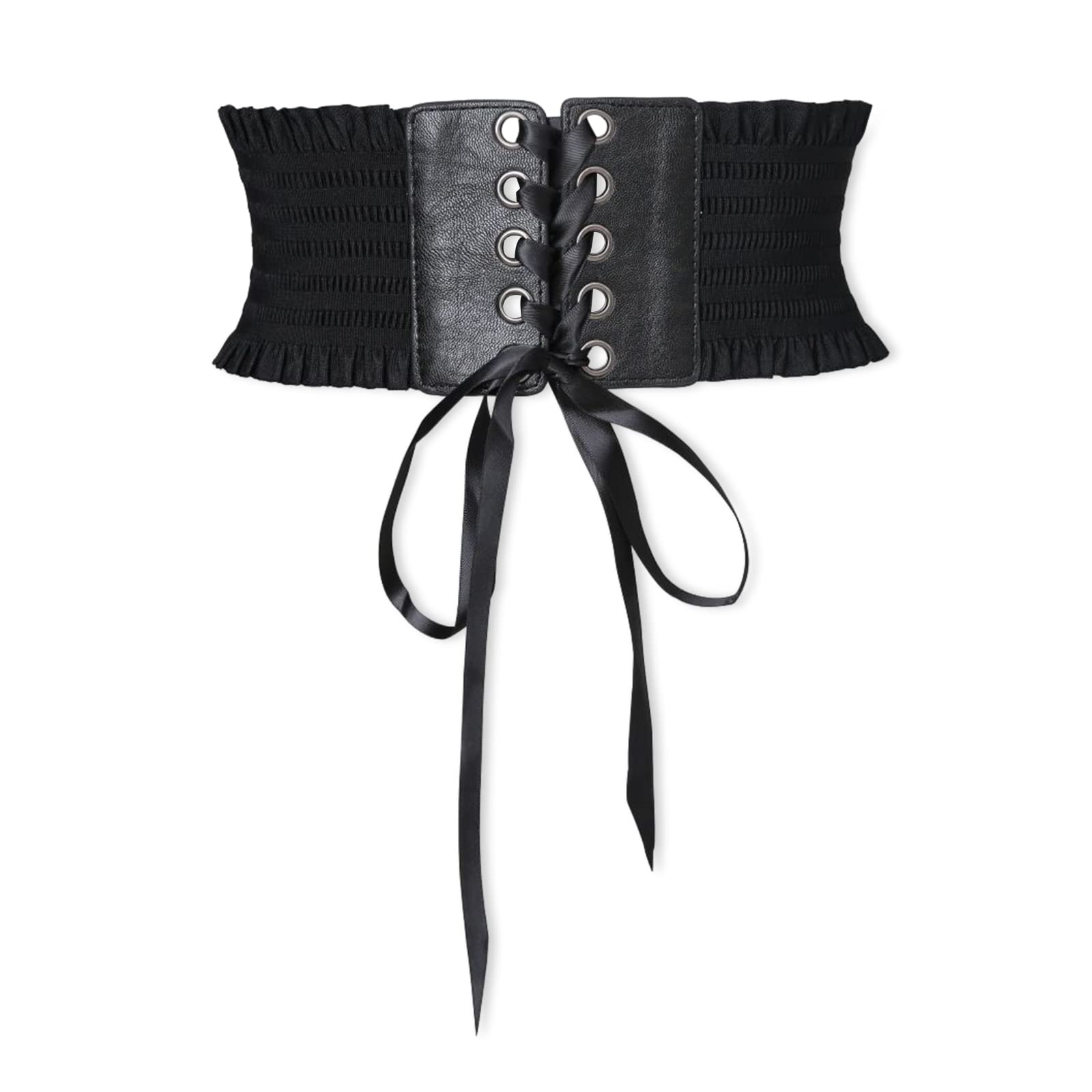 Lumisyne Women's Black Lace-Up Lace-Up Corset Belt Wide Elastic Waist Belt Snap Buckle Design Fashion Ruffled Trim Stretchy Waistband Retro Cinch Belt For Dress Jumpsuit Overcoat