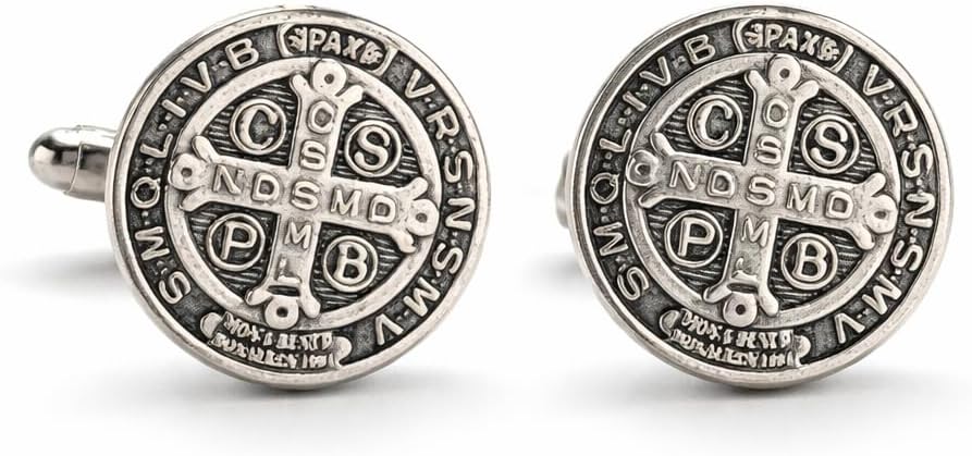 St Benedict Medal Cufflinks for Men – Antique Silver Catholic Cross Cuff Links – Religious Gift for Husband, Father, Groom, Confirmation