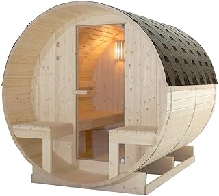 SANOTECHNIK Außensauna BERGEN – Fasssauna für 4–6 Personen 194,8×220×191,5 cm, Harvia 8 kW Ofen, Fichtenholz, ESG‑Glas – Art.Nr. F70220