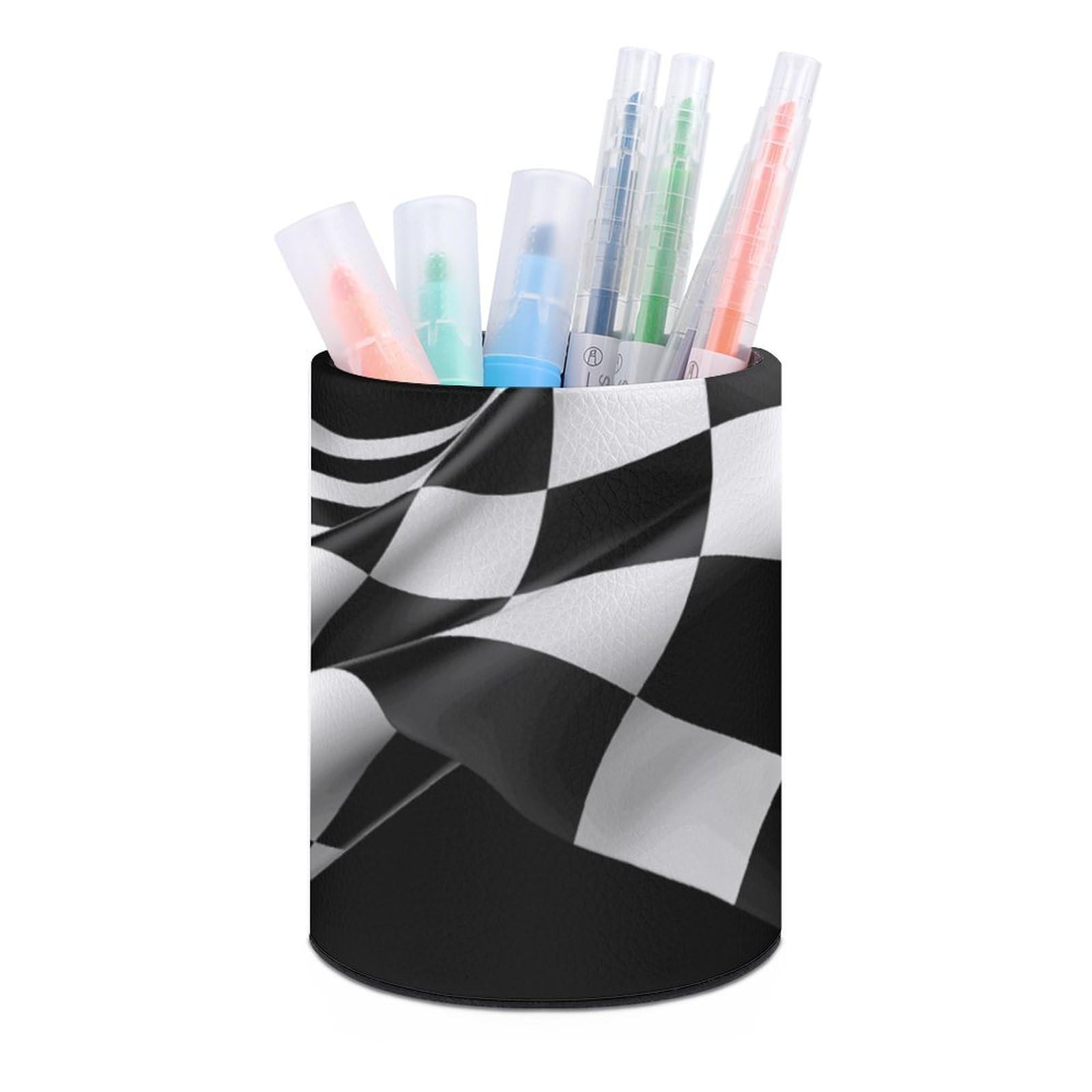 VstaDank Black White Formula Checkered Flags Pattern Pen Holder PU Leather Pencil Cup Minimalist Desk Pencil Holder Round Make Up Brush Organizers For Office Dorm Room&Vanity Desk Accessories