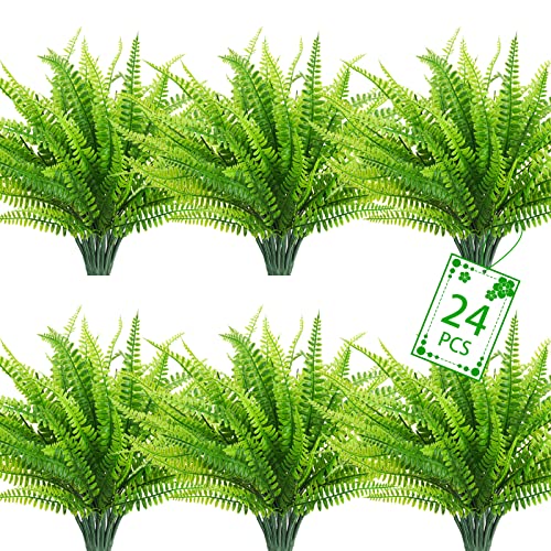 Uieke 24 Pcs Artificial Ferns For Outdoors, Fake Boston Fern Plants Greenery Outdoor Uv Resistant Bushes Plastic Plants Shrubs For Window Box Front Porch Garden Decor #TOP18