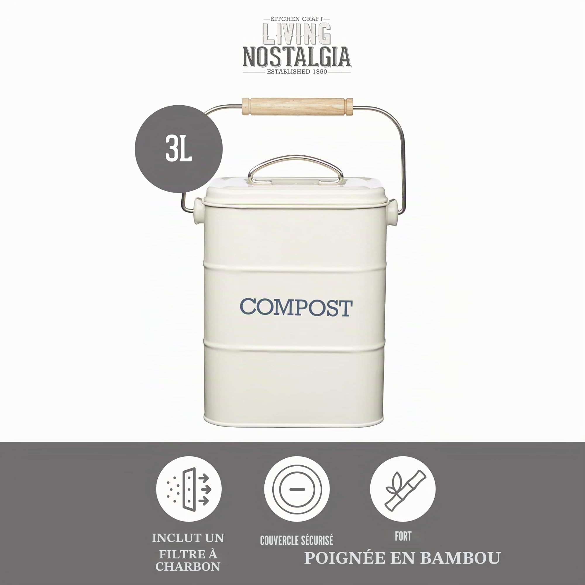 KitchenCraft Living Nostalgia Composteur De Cuisine Métal 16,5x12x24 cm Crème Antique