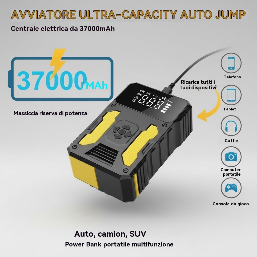 Avviatore portatile 3000A con compressore 150 PSI, 3 modalità LED, ricarica rapida, kit 4 in 1 e sicurezza avanzata, per auto, SUV, diesel fino a 8L, ideale per campeggio, viaggi ed estate