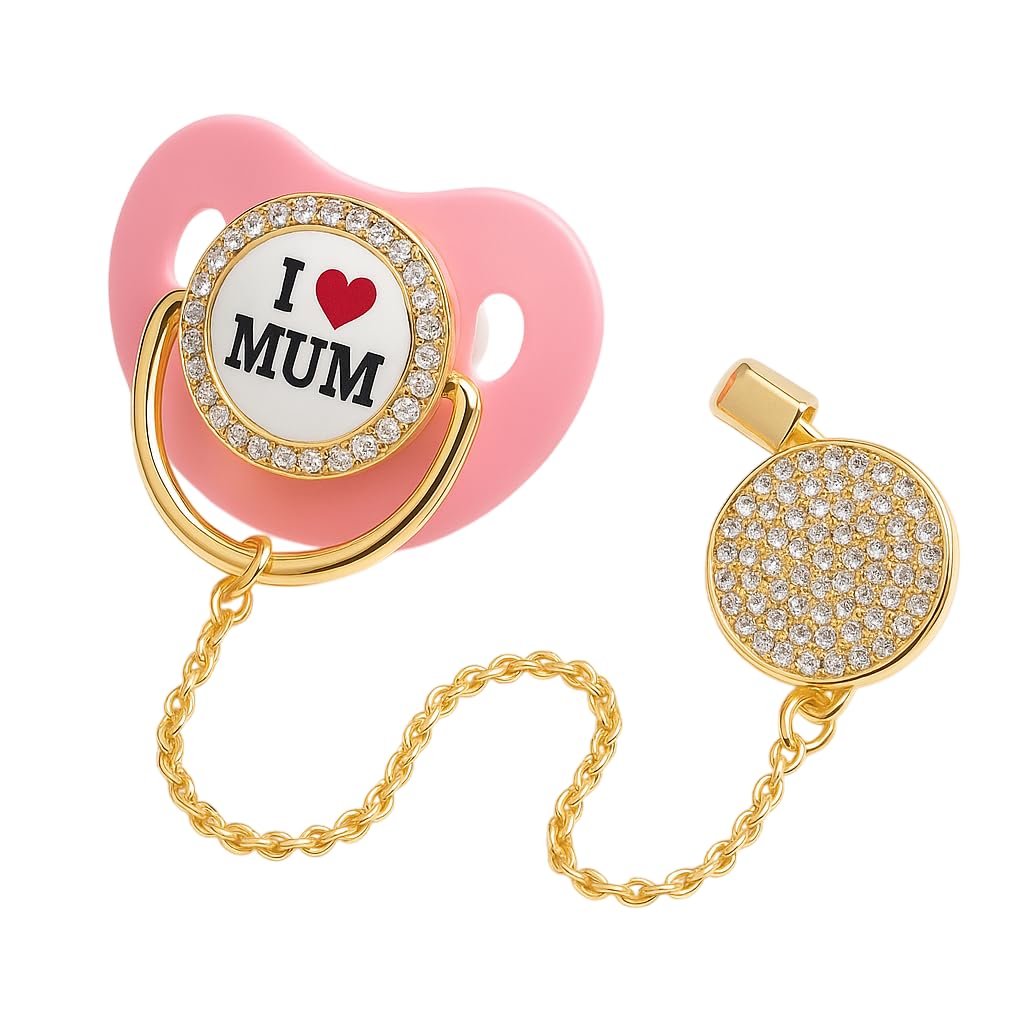 DTR Creation Bling Baby Pacifier with Decorative Chain – BPA-Free Silicone Nipple | I Love Mum Design | Pink & Gold-image-12
