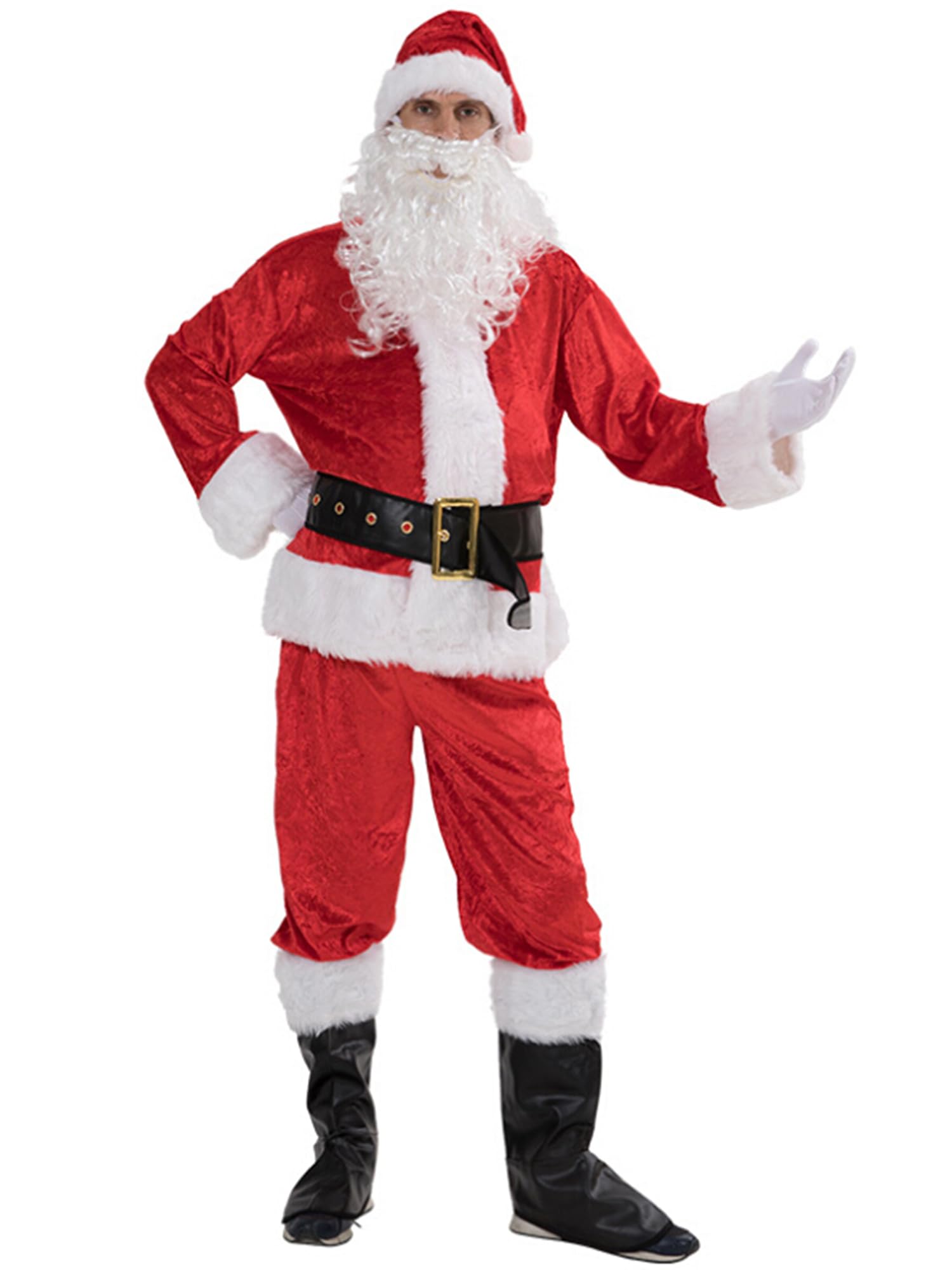Kouoybt Men Christmas Santa Claus Cosplay Costume Adult Deluxe Santa Suit 6pcs Sets Christmas Party Fancy Dress Outfit (A-White, XXL)