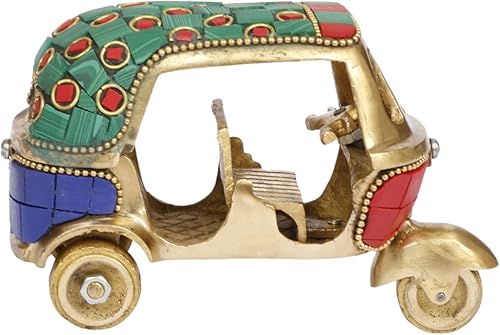 Miniatura 4 de Latón auto Rickshaw estatua de trabajo manual de piedras preciosas multicolor decoración del hogar regalo de pieza de exhibición.