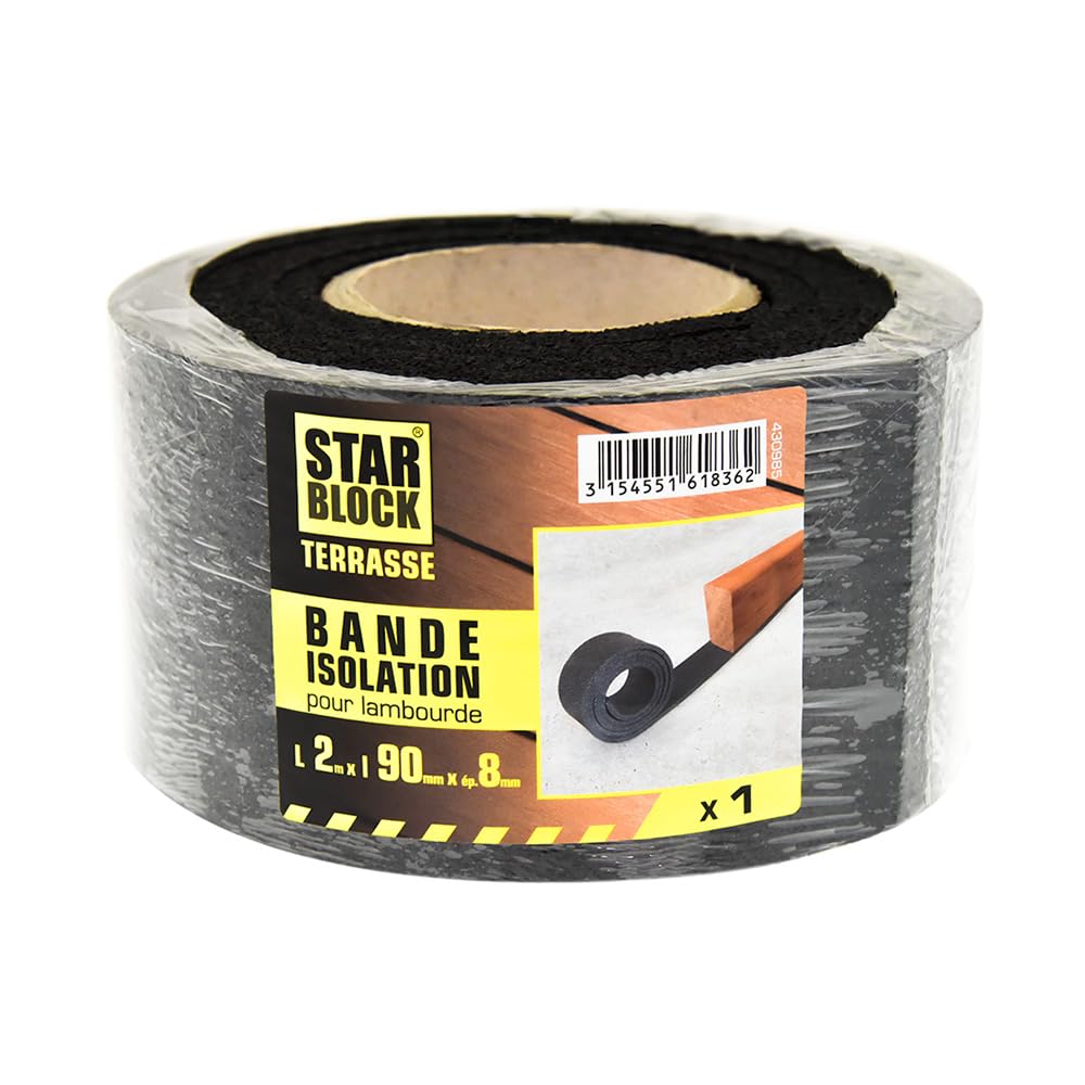 STARBLOCK Bande d'isolation pour lambourde terrasse, L.2m x l.90mm, Caoutchouc de 8 mm, Protection contre l'eau
