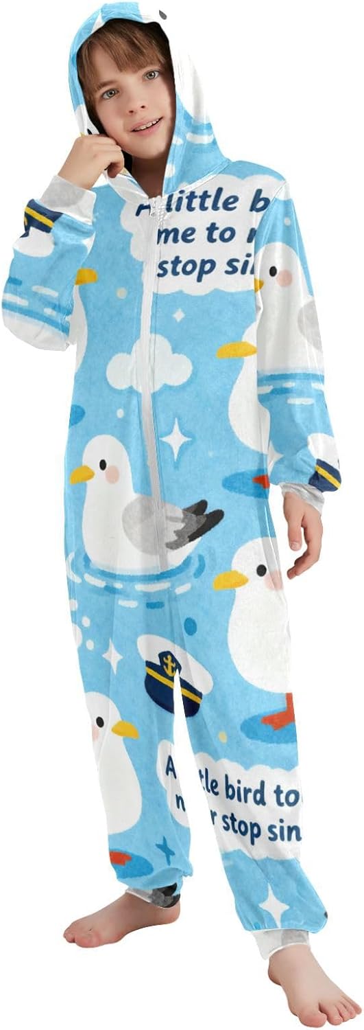 Blue Cute Seagull WavesUnisex Onesie PajamasSoft Casual Hooded One-Piecing Costume Sleepwearfor Parties Sleepovers