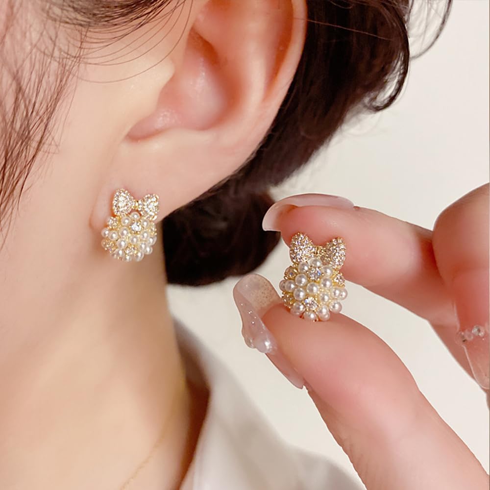 Gold Rhinestone Bow Pearl Stud Earrings for Women Chunky CZ Bowknot Pearls Stud Earrings Dainty Butterfly Knot Beaded Earrings Jewelry Accessories - Image 2