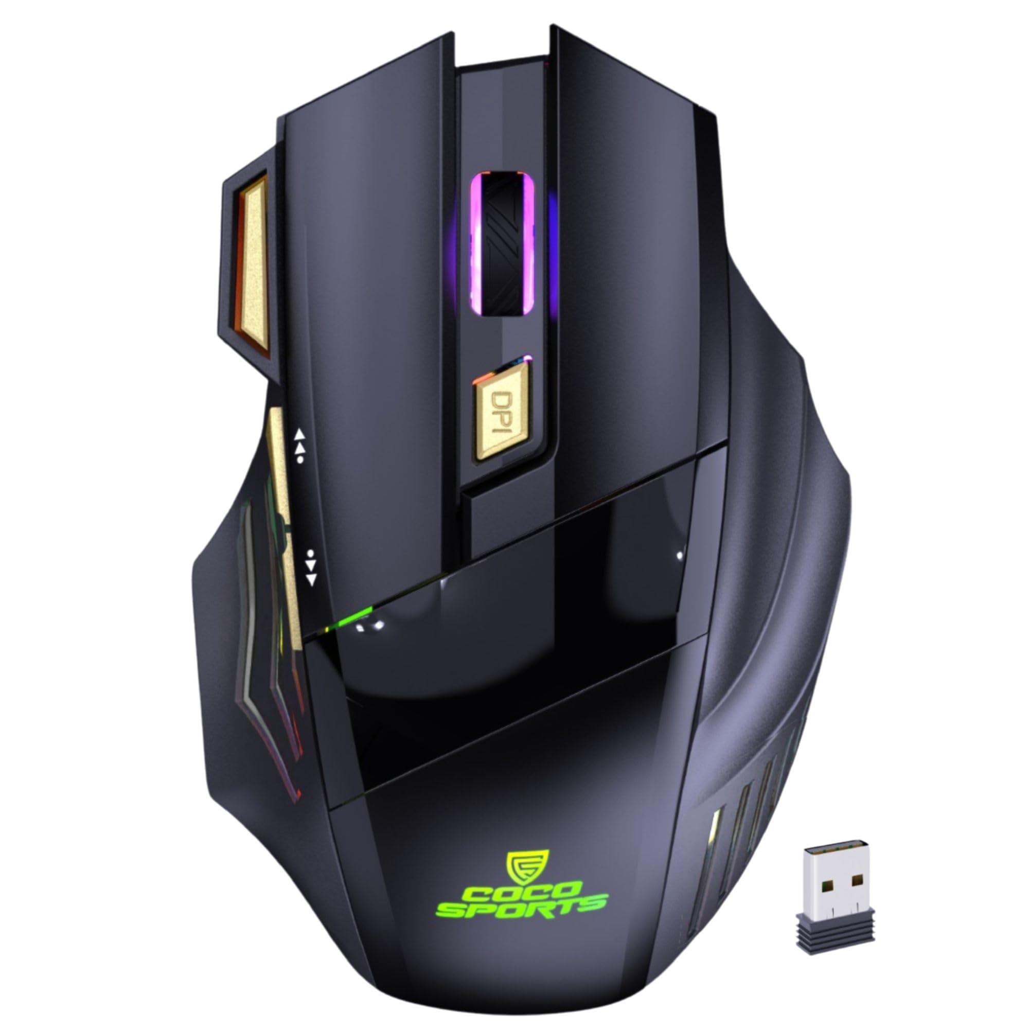 coconut Gold+ Wireless Gaming Mouse Rechargeable, Bluetooth + 2.4GHz Dual Mode Multi Device Mouse, 3200 DPI, RGB LED Gaming Mouse with 7 Buttons & Fire Button, Ergonomic Mouse for Laptop PC Computer