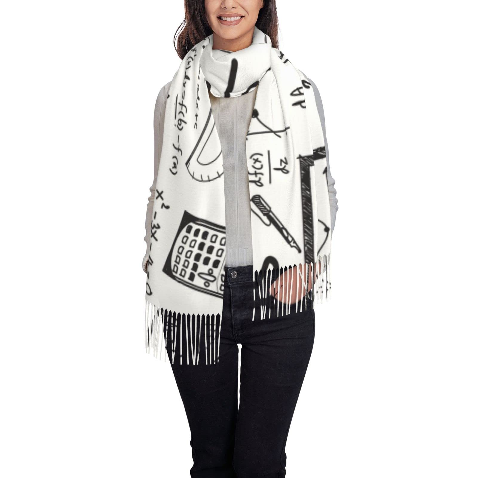 ADFSHIDS Math Geometry Geek Calculus Tassel Scarf Women'S Cashmere Tassel Scarf Soft And Comfortable Warm Shawl Scarf, Black, One Size