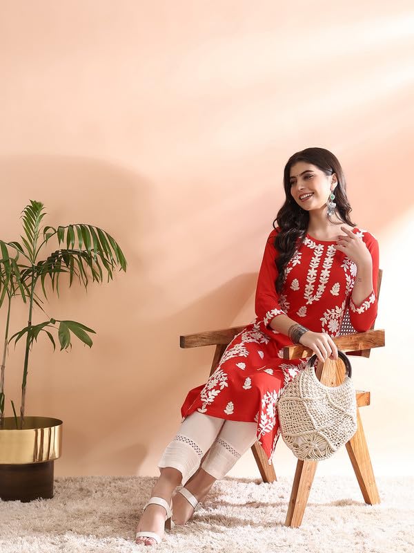 Image of Vaamsi Women's Viscose Rayon Solid Embroidered Straight Kurta | Chikankari Kurta for Women