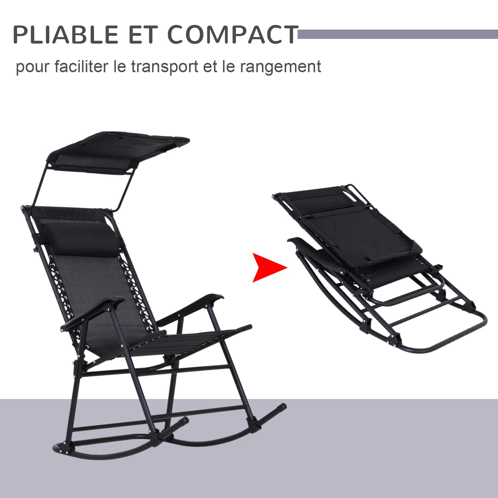 Outsunny Rocking Chair Plegable de Jardín Dim. 105 x 64 x 125 cm tetera + parasol incluido acero epoxi textileno negro