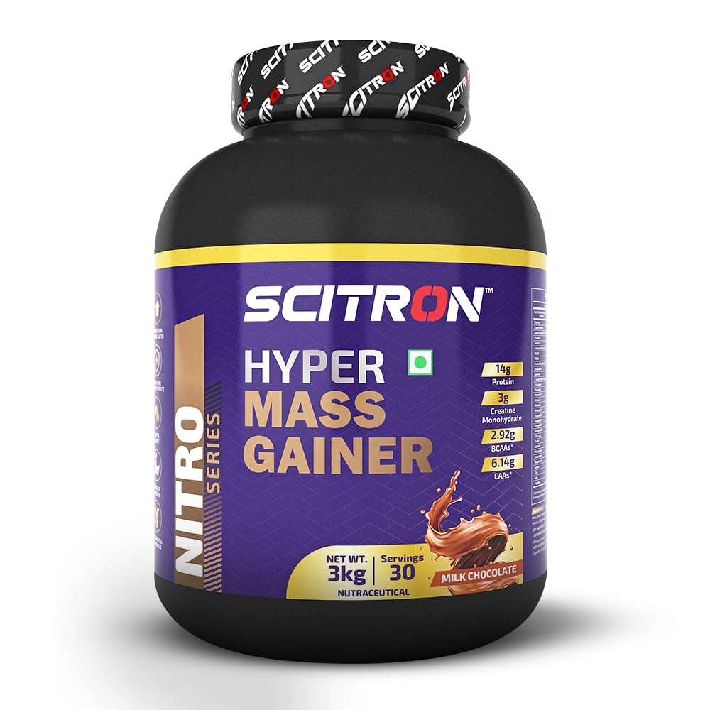 SCITRON Nitro Series Hyper Mass Gainer 3Kg Milk Chocolate (30 Servings, 377 Kcal, 14g Protein, 78g Carbs, 3g Creatine Monohydrate, 2.92g BCAAs, 6.14g EAAs) | Max Gains, Max Results
