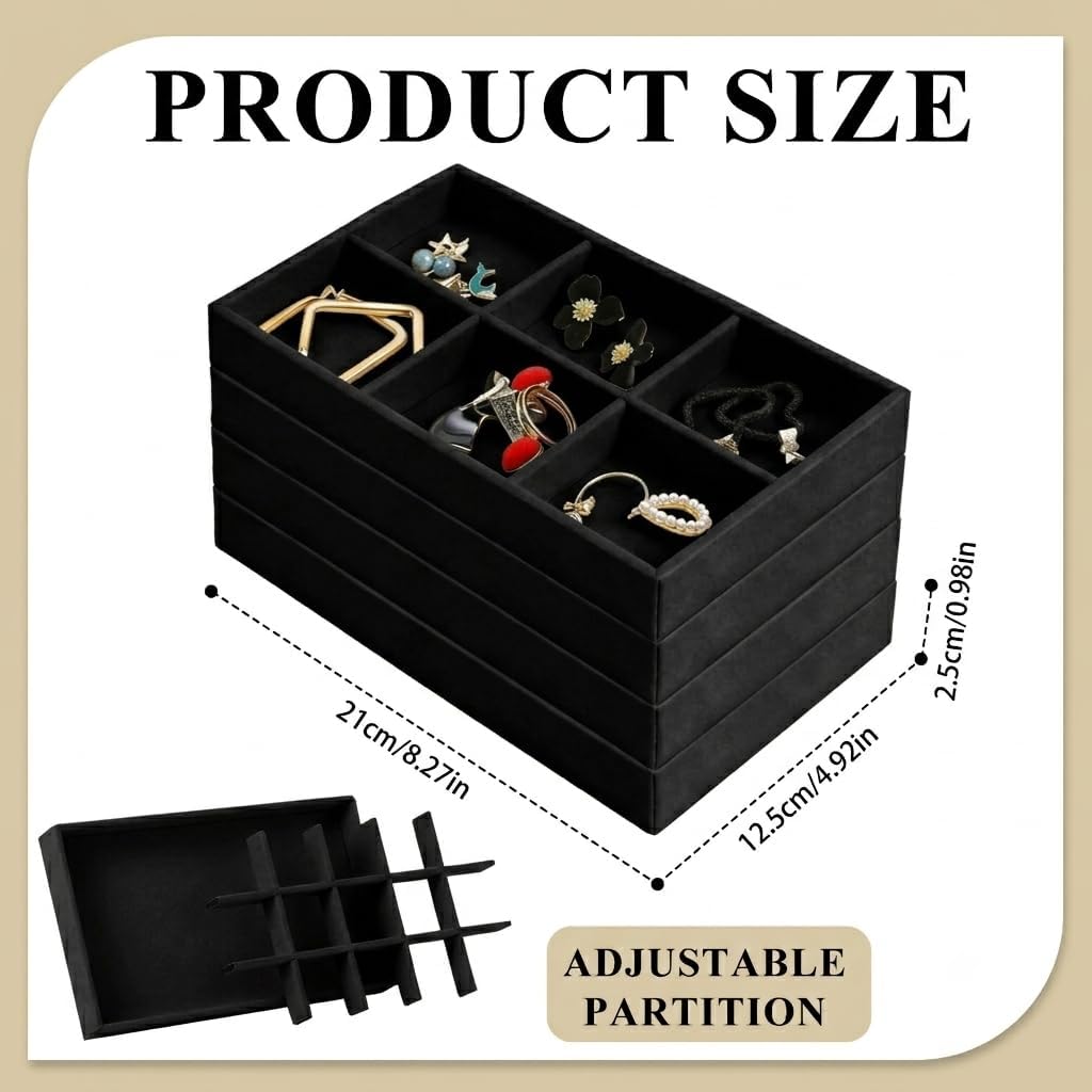 24 Pack Velvet Jewelry Trays Stackable Jewelry Organizer Trays Drawer Inserts Divided Storage Containers for Rings Earrings Jewelry Display (Black) image 2
