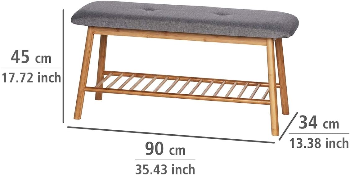 Wenko Entryway Storage Bench with Padded Seat, Bamboo Rack, Shoe Shelf, Grey, 35.43 x 17.72 x 13.38 in, 90 x 45 x 34 cm, Gray : Home & Kitchen