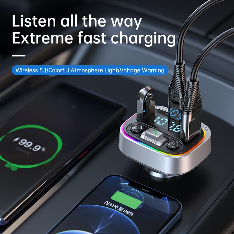 CAR AND DRIVER Smart FM Transmitter Bluetooth Cup Holder With Alexa, Google, Siri Assistant For Car With Dual Ports USB A And USB-C PD Fast Charging Ports & Dual Cigarette Lighter 12V