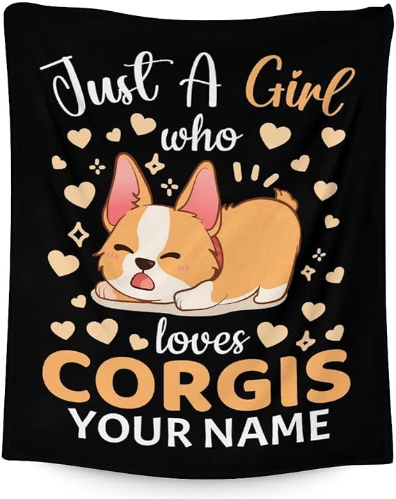 Personalized Corgi Blanket Gifts with Name - 60"x80" Cute Throw for Adults, Kids - Black Soft Fuzzy Blankets for Bed, Couch & Living Room