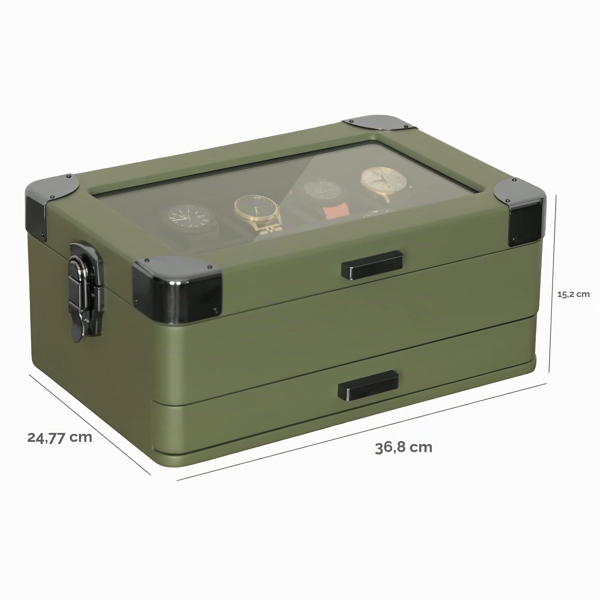 CASE ELEGANCE Caja organizadora militar para reloj con 10 ranuras para hombres, parte superior de cristal real, bandeja de valet modular, reloj Apple compatible con soporte para reloj Apple, verde
