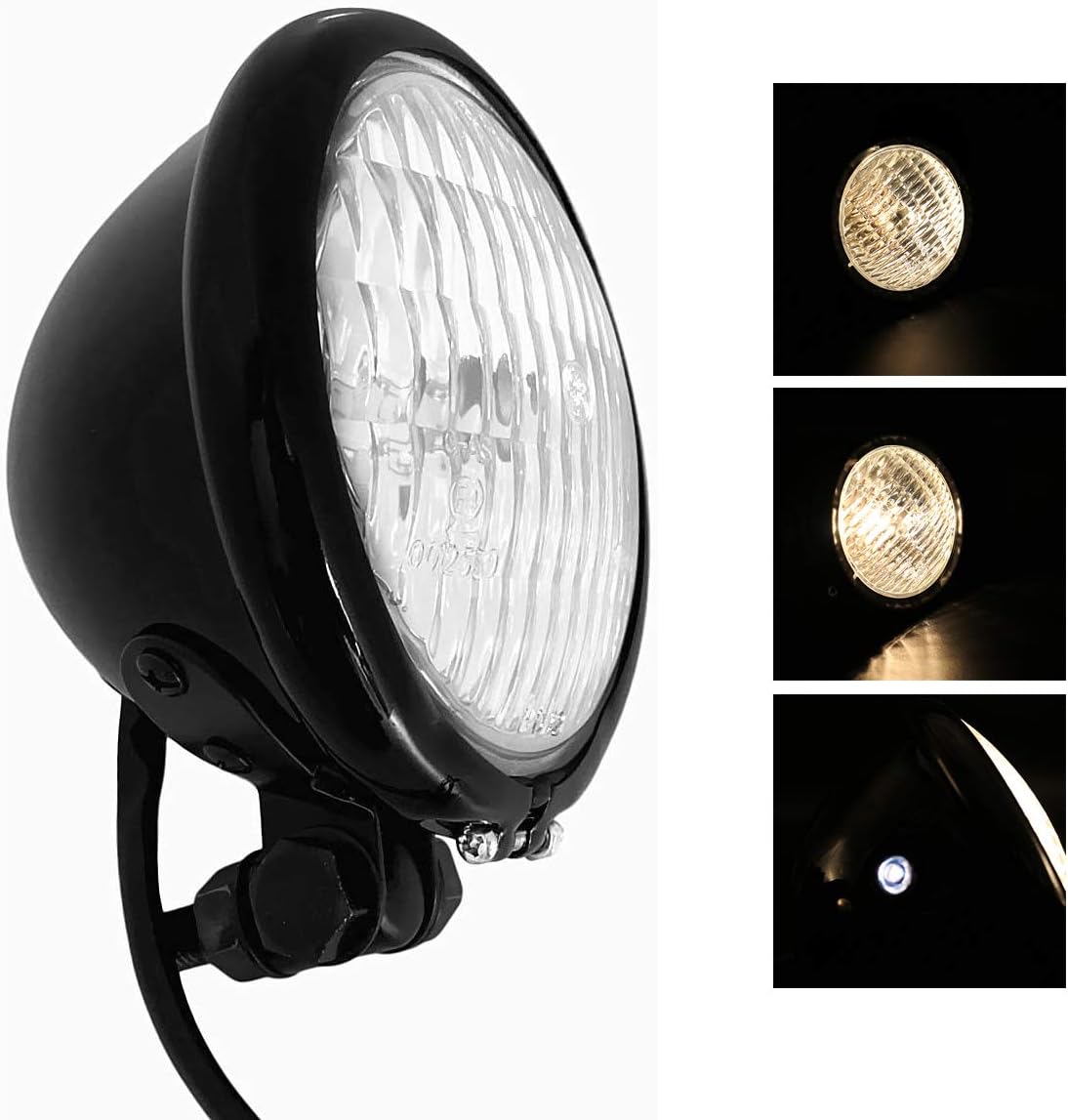 FATECIM 4.5″ Motorcycle Bulb Headlights 4 1/2 inch Motorbike Head Light Lamp Universal for Harley Sportster XL Dyna Softail Bobber Cafe Racer (Gloss Black)