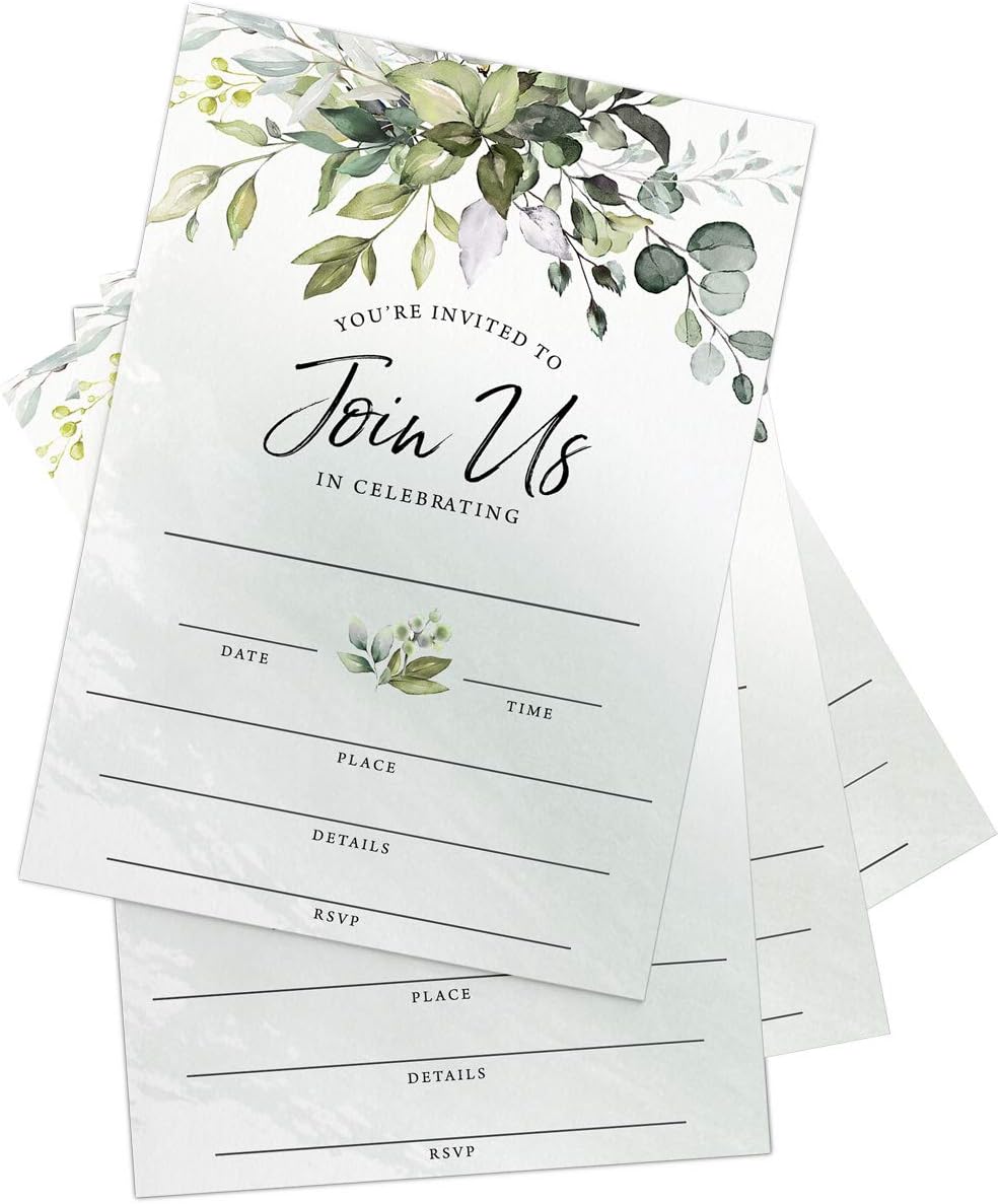 Printed Party Fill-in Invitations and Envelopes, Eucalyptus Greenery, Set of 25
