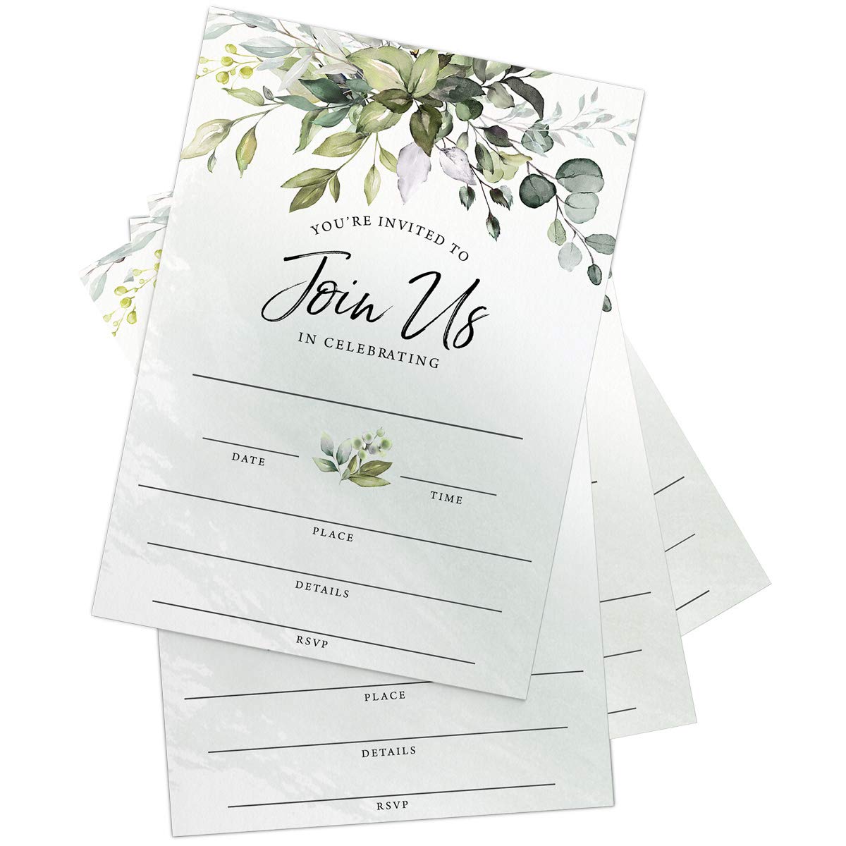 Printed Party Invitaciones y sobres rellenos, vegetación de eucalipto, juego de 25