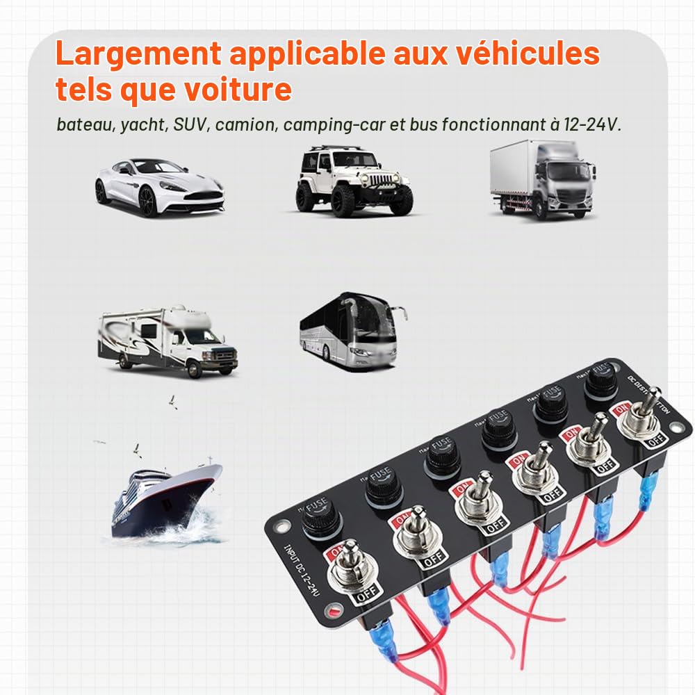Shkalacar Panneau de Interrupteur à Bascule 6 Gangs Panneau électrique de Bateau Interrupteur à Bascule Marche/arrêt étanche avec fusibles 10A pour Voiture 12-24V Bateau Marin Yacht Camion SUV RV