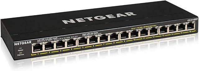 NETGEAR 16-Port Gigabit Ethernet Unmanaged PoE+ Switch (GS316PP) - with 16 x PoE+ @ 183W, Desktop or Wall Mount