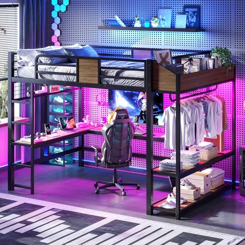 Image of Bellemave Queen Size Metal Loft Bed with L-Shaped Desk, LED Lights & Charging Station, Heavy Duty Loft Bed Frame with Hanging Rod and Storage Shelves for Kids, Teens & Adults, Space Saving,Black