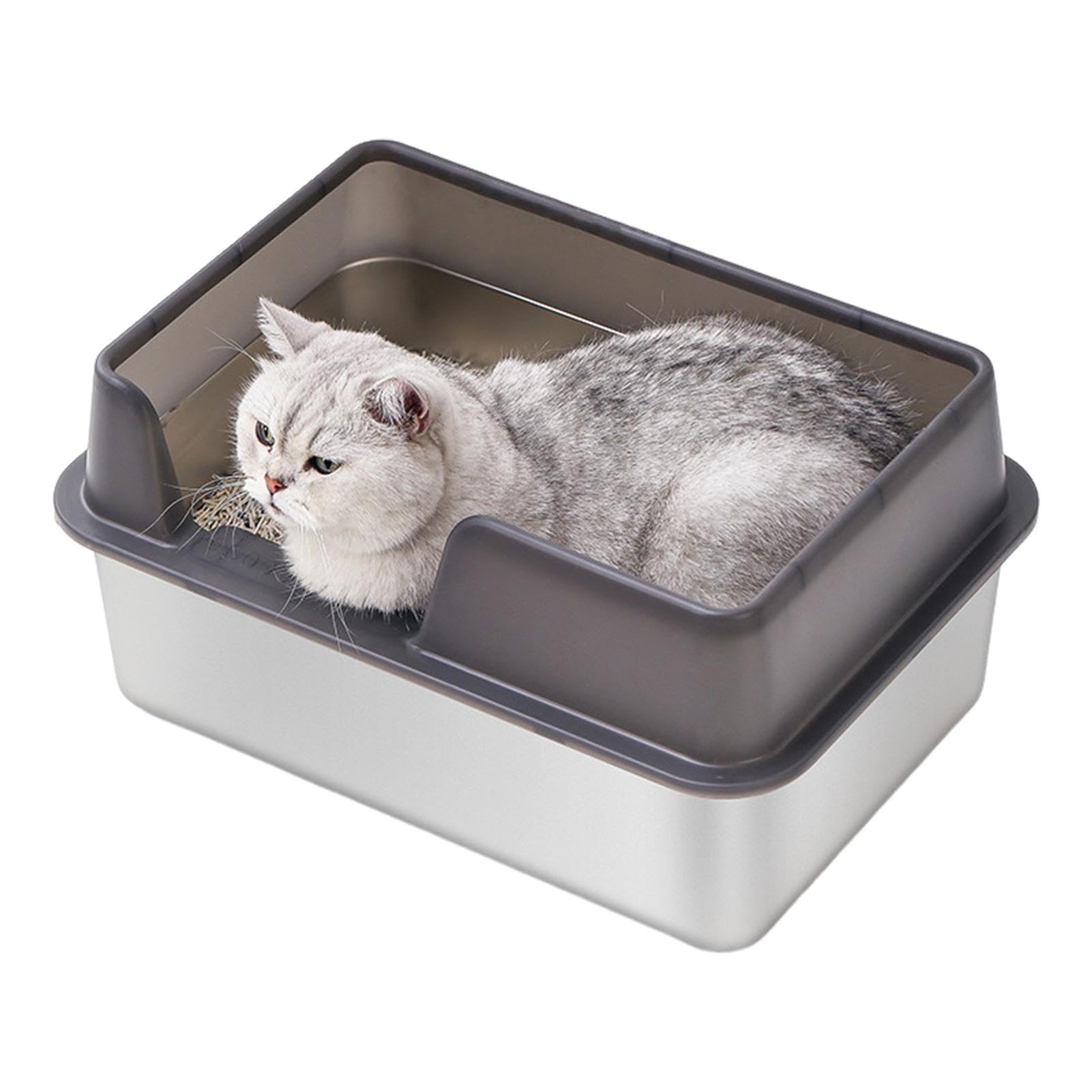 Lettiera per gatti grande, con apertura superiore, in acciaio inox, con lati alti e coperchio rimovibile, per gattini, conigli, furetti, porcellini d'
