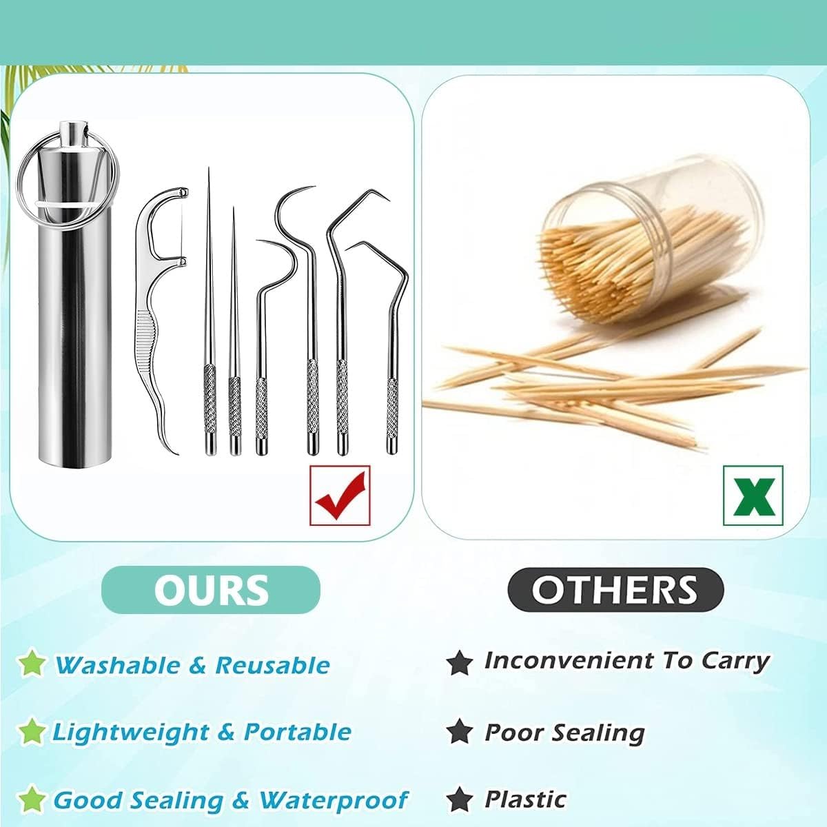 XIBO Teeth Cleaning Tool Kit Stainless Steel Teeth Cleaning Tool Kit | Portable Toothpicks Pocket Set | Dental Hygiene Kit Toothpicks Flosser for Outdoor Picnic Camping Traveling. - Image 7 thumbnail