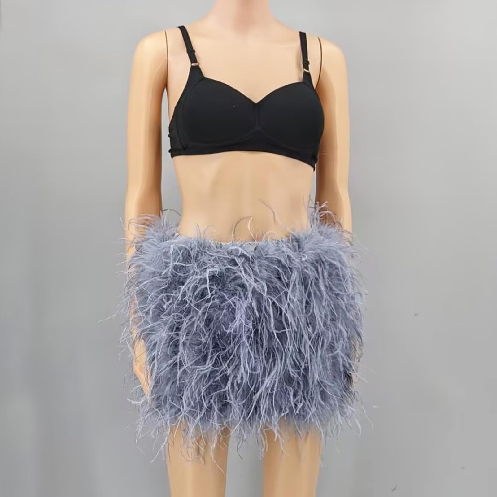 LVCOMEFF Minifalda de plumas de avestruz para mujer, cintura elástica, peluda, para fiesta, club, lujo