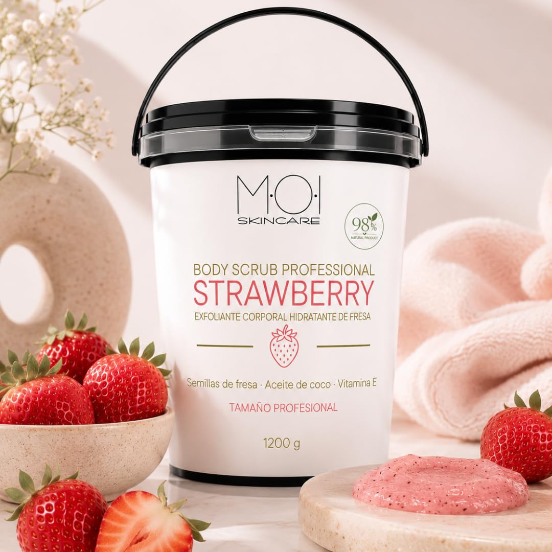 MOI Profesional Strawberry Body Scrub 1200 g – Exfoliante Corporal Hidratante de Fresa con Semillas Naturales, Aceite de Coco y Vitamina E | Piel Suave y Nutrida para Uso Profesional | Tamaño Grande