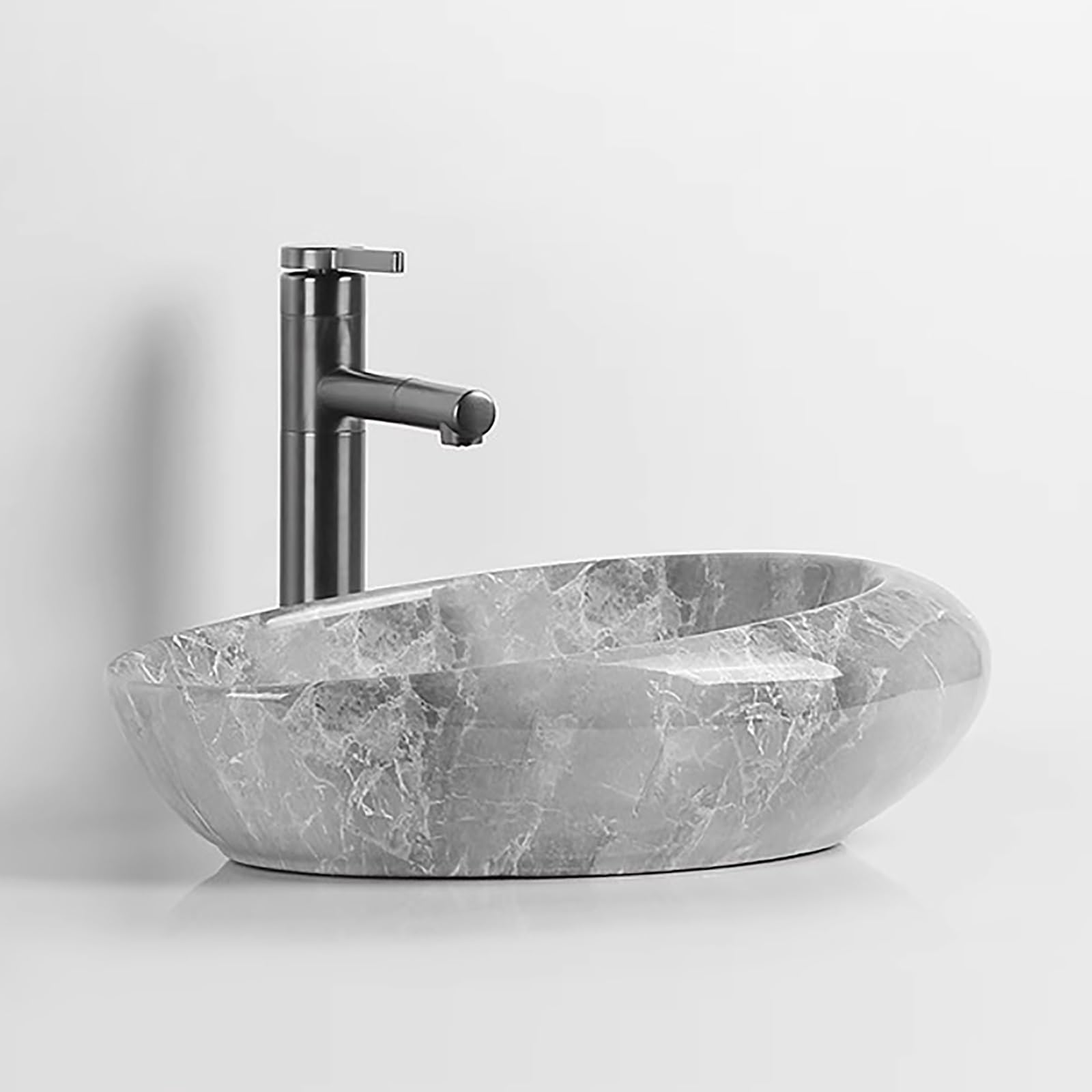 Fregadero de cerámica marmolada tallada a mano con drenaje emergente, elegante diseño ovalado para tocador y baños pequeños, accesorio perfecto para ahorrar espacio