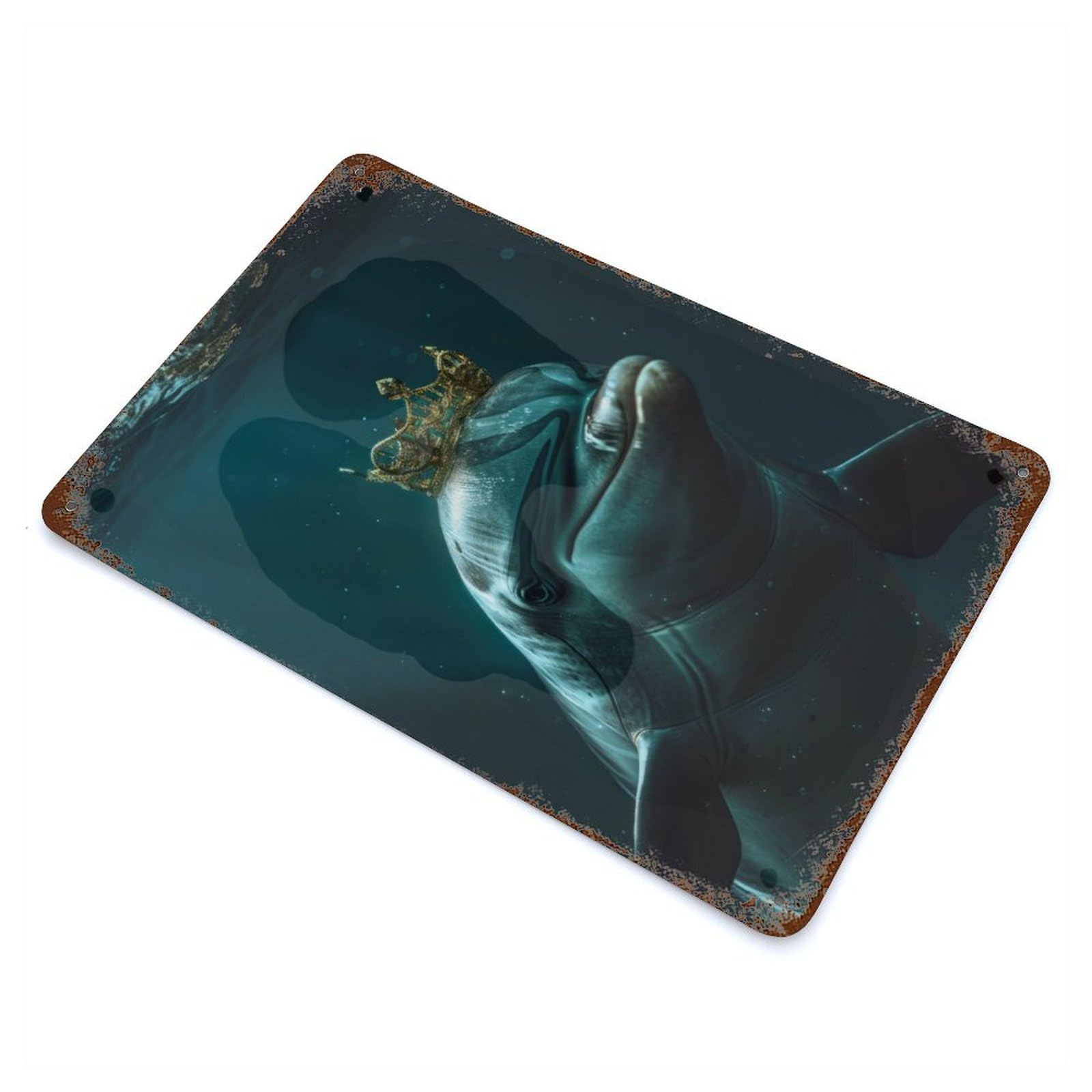 Dolphin Cute King Aged Metal Wall Plaque 11.8"x7.9", Industrial Home Decor for Pub, Kitchen And Man Cave Decor