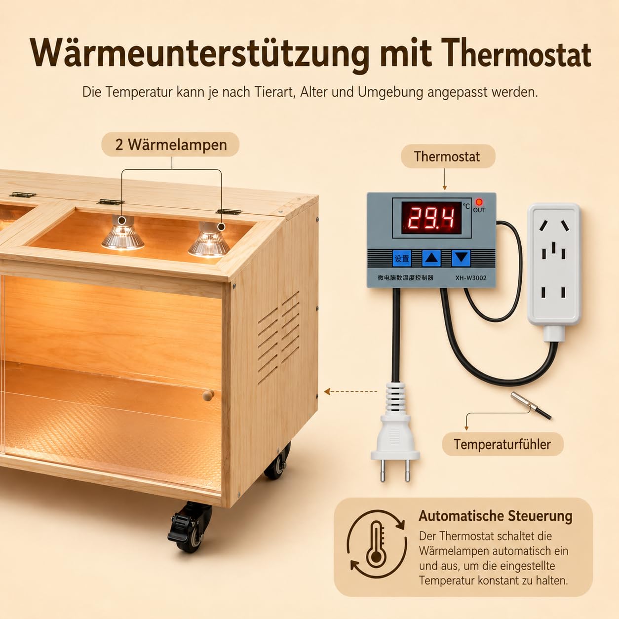 Kükenaufzuchtbox aus Kiefernholz, Kükenheim mit Thermostat, 2 Wärmelampen, Belüftung, Schiebetür & 4 Bremsrollen, Brutkasten für Küken, Hamster und Wachteln (80x40x40cm)